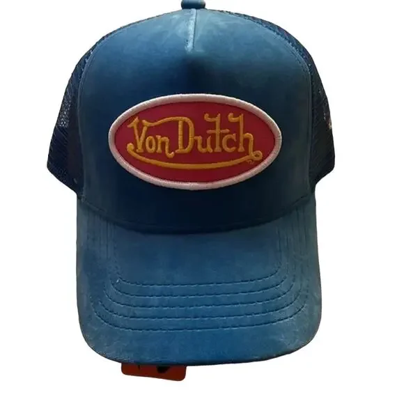 Von Dutch Blue Velvet Pink Yellow Logo Trucker Hat NWT - Picture 2 of 6